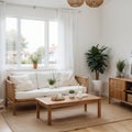 Stylish Modern wooden living room in white background, Scandinavian style, Rattan home decor, , Royalty Free Stock Photo