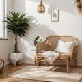 Stylish Modern wooden living room in white background, Scandinavian style, Rattan home decor, , Royalty Free Stock Photo