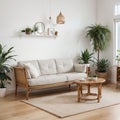 Stylish Modern wooden living room in white background, Scandinavian style, Rattan home decor, , Royalty Free Stock Photo