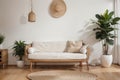 Stylish Modern wooden living room in white background, Scandinavian style, Rattan home decor, , Royalty Free Stock Photo