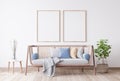 Stylish Modern wooden living room in white background, Scandinavian style, Rattan home decor Royalty Free Stock Photo