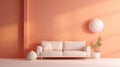 Stylish monochrome interior of modern cozy living room in pastel orange and beige tones. Trendy couch, decorative vases Royalty Free Stock Photo