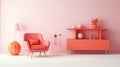 Stylish monochrome interior of modern cozy living room in pastel orange and pink tones. Trendy armchair, coffee table Royalty Free Stock Photo