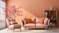 Stylish monochrome interior of modern cozy living room in pastel orange and pink tones. Trendy couch and armchair Royalty Free Stock Photo