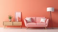 Stylish monochrome interior of modern cozy living room in pastel orange and pink tones. Trendy couch, commode, poster Royalty Free Stock Photo