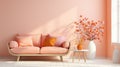 Stylish monochrome interior of modern cozy living room in pastel orange and pink tones. Trendy couch with cushions Royalty Free Stock Photo