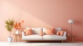 Stylish monochrome interior of modern cozy living room in pastel orange and pink tones. Trendy couch with cushions Royalty Free Stock Photo