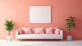 Stylish monochrome interior of modern cozy living room in pastel orange and pink tones. Trendy couch with cushions Royalty Free Stock Photo