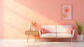 Stylish monochrome interior of modern cozy living room in pastel orange and pink tones. Trendy couch with cushions, side Royalty Free Stock Photo