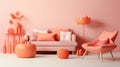 Stylish monochrome interior of modern living room in pastel orange and pink tones. Trendy couch and armchair, ottomans Royalty Free Stock Photo