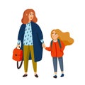 Stylish mother and daughter walking from school. Fashionable dressed mom walking with girl. Cartoon style vector