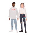 Stylish multiracial couple. Boy and girl dressed in trendy clothes standing together and holding hands. Cartoon