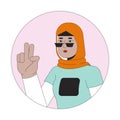 Stylish muslim woman showing victory sign 2D line vector avatar illustration