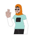 Stylish muslim woman showing victory sign 2D linear cartoon character