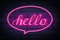 Stylish neon sign with word Hello on brick wall