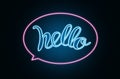 Stylish neon sign with word Hello on dark background