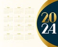 Stylish 2024 new year english calendar template with golden touch