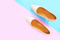 Stylish Nude Medium High-Heels Shoes on Pastel Colors. Female Sandals Footwear Accessory. Pair of Beautiful Woman