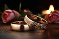Stylish nuptials wedding rings on wood with cozy loftstyle decor