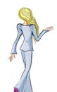 Stylish office blonde girl in blue pantsuit fron her back drawn by pencil, acrylic paint and watercolor, fashion illustration