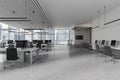 Stylish office interior with coworking and conference room, panoramic window Royalty Free Stock Photo