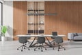 Stylish office meeting room interior with relax place, panoramic window Royalty Free Stock Photo