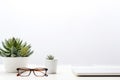 Stylish Office Table Desk Workspace with Laptop, Diary, and Succulent on White Background AI Generated