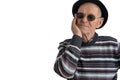 Stylish old man in casual clothes black hat and sunglasses holds his hand on his cheek wile has a toothache isolated Royalty Free Stock Photo