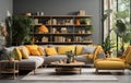 Stylish orange colour living room with design furniture, plants, book stand and wooden desk. Modern decor of bright room