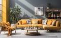 Stylish orange colour living room with design furniture, plants, book stand and wooden desk. Modern decor of bright room