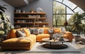 Stylish orange colour living room with design furniture, plants, book stand and wooden desk. Modern decor of bright room