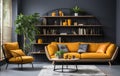 Stylish orange colour living room with design furniture, plants, book stand and wooden desk. Modern decor of bright room