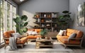 Stylish orange colour living room with design furniture, plants, book stand and wooden desk. Modern decor of bright room