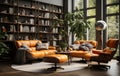 Stylish orange colour living room with design furniture, plants, book stand and wooden desk. Modern decor of bright room