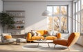 Stylish orange colour living room with design furniture, plants, book stand and wooden desk. Modern decor of bright room