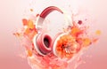 Stylish orange headphones in liquid splashes and flowers flying on pink background. Music creativity entertainment concept