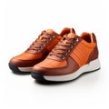 Stylish Orange Leather Sneakers With Brown Lace Panels