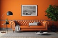 Stylish orange leather sofa in the living room. Modern interior design. AI-generated. Royalty Free Stock Photo