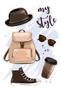 Stylish outfit. Hand drawn set with hat, bag pack, shoe, sunglasses and coffee cup. Fashion accessories and clothes. Sketch.