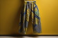 Stylish pants hanging on yellow wall, closeup. Comfortable clothing. generative ai