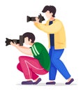 Stylish paparazzi with camera with removable lens taking photo, photo journalist occupation Royalty Free Stock Photo