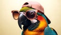 Stylish Parrots in the Spotlight: A Kaleidoscope of Colors, Feathered Splendor, Sunglasses, and Trendy Caps
