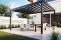 Stylish Patio Oasis with Pergola, Awning, Dining Set, Chairs, and Grill Royalty Free Stock Photo