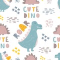 Stylish pattern with dinosaurs. Funny phrases. Seamless print for printing on fabric, digital paper. Universal design for children