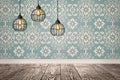 Pendant lamps hanging near color wall in room Royalty Free Stock Photo