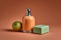 Stylish perfume bottle with apple and cube on brown background Royalty Free Stock Photo