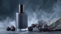 Stylish perfume bottle with blackberries on a smoky dark background. Royalty Free Stock Photo