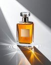 stylish perfume bottle featuring an elegant design, illuminated by light, casting reflections on a smooth surface. Royalty Free Stock Photo