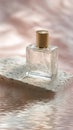 Stylish perfume bottle stands gracefully on a textured surface reflecting soft colors and light Royalty Free Stock Photo