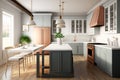 Modern Kitchen with White Cabinetry, Wooden Accents, and Functional Island Royalty Free Stock Photo